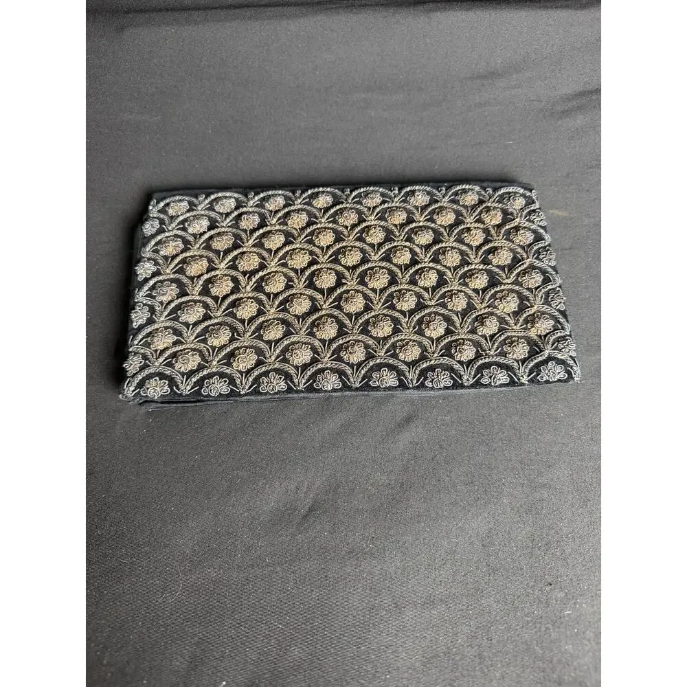 Vintage Zardozi Gold Silver Embroidered Black Velvet Envelope Clutch